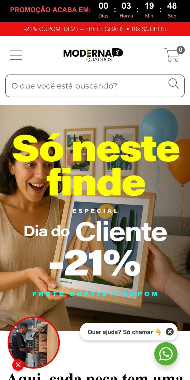 Site da Moderna Quadros — campanha Dia do Cliente